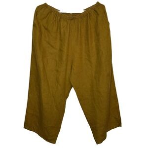 FLAX Mustard 100% Linen High Rise Wide Leg Pull On Pants 3G Lagenlook Relaxed